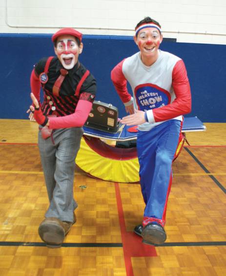SEND IN THE CLOWNS: Rob and Mike &ldquo;Ringling&rdquo; entertain a crowd at the Cranston YMCA and focus on the importance of staying fit. Ringling Brothers and Barnum &amp; Bailey Circus will be in town in May.