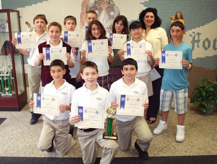 The sixth grade students at St. Rocco School participated in the American Scholastic Achievement League Challenge. Scores were released this month and the following students scored 54 or above on the 2012 Scholastic Challenge. According to the American Scholastic Achievement League, a score of 60 or above is considered exceptional. Ethan Michael (Trophy for Top Scorer in Rhode Island), Derek Dingley, Anthony Gordon, Stephen Cerra, James Marcil, Brianna Cardona, Michaela Kiley, William Lonardo, Julianna Binns, Kyle Baxter and Michael Flori were all recognized for their performance.