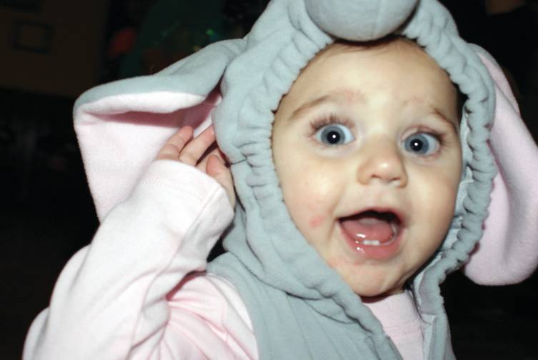 HOME ON THE GRANGE: The Oaklawn Grange held their annual Halloween children&rsquo;s party last week in order to provide fun trick or treating for children. Games included Pin the Nose on the Jack-O-Lantern, Musical Chairs and face painting. Pictured is 1-year-old Emma Bobek as an elephant.