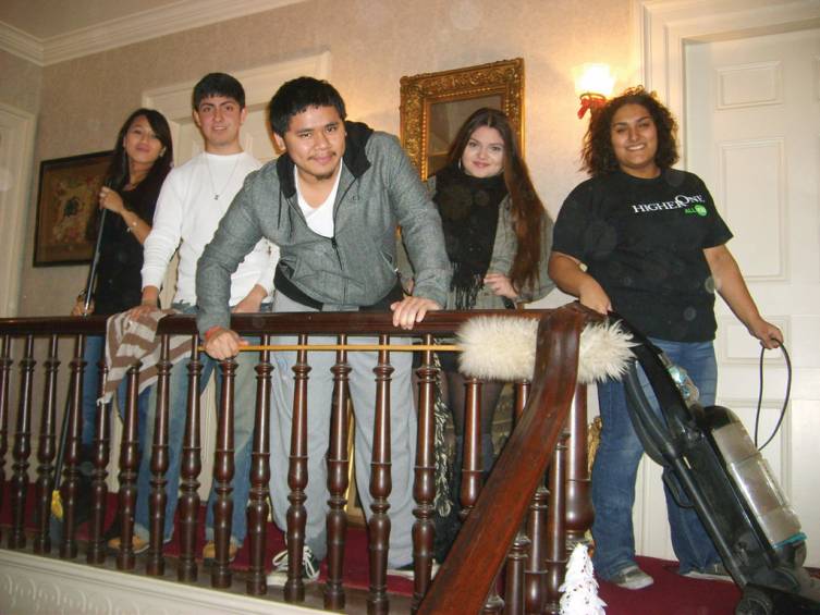 GETTING THINGS IN ORDER: An energetic group of students from the Community College of Rhode Island Flanagan campus pitched in with a cleaning project at the Governor Sprague Mansion. CCRI's Volunteer Service project provides assistance for community organizations like the non-profit Cranston Historical Society, which maintains the Mansion property. Pictured from left are Francheska Santana, Cassadie Salinthane, Eddy Cezario, Jimmy Phann, Rebeca Cruz and Debbie Jordan.