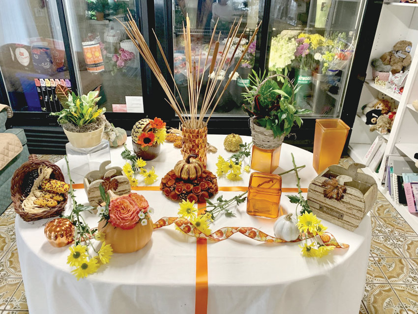 Come check out this beautiful display of autumnal gift containers, each customized to fit your special occasion.&nbsp; Let John Dick of Atwood Florist weave his floral magic in one of these containers (many also make festive candy dishes) ~ order your flowers today!