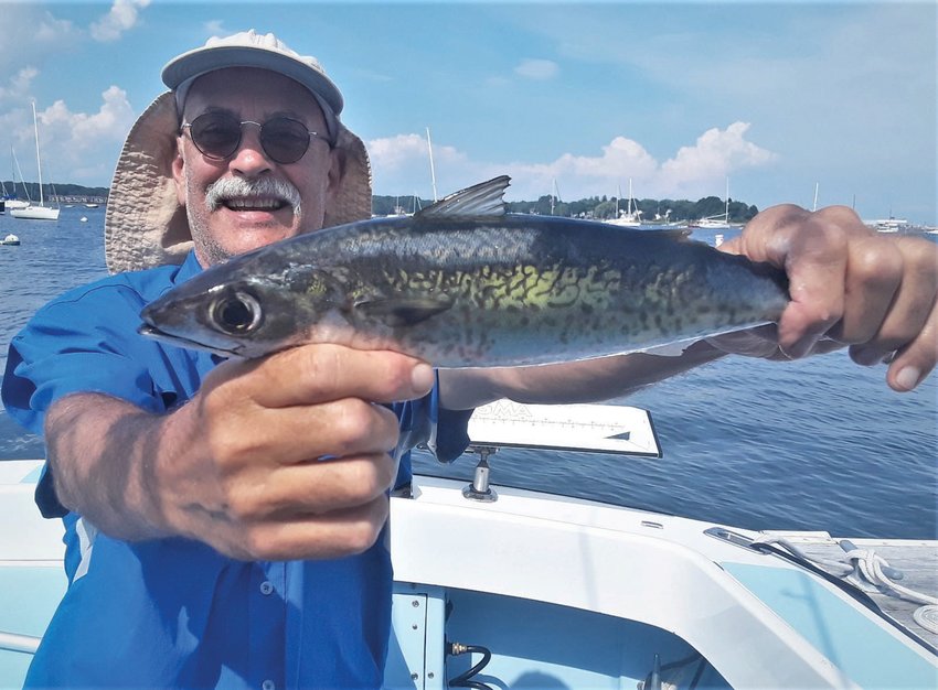 &nbsp;MACKEREL BITE: Kevin Fetzer with a cub mackerel he caught off Beavertail Light, Jamestown last year. These speedsters are fun to catch and eat. And this year they are larger, in the 20-inch range. (