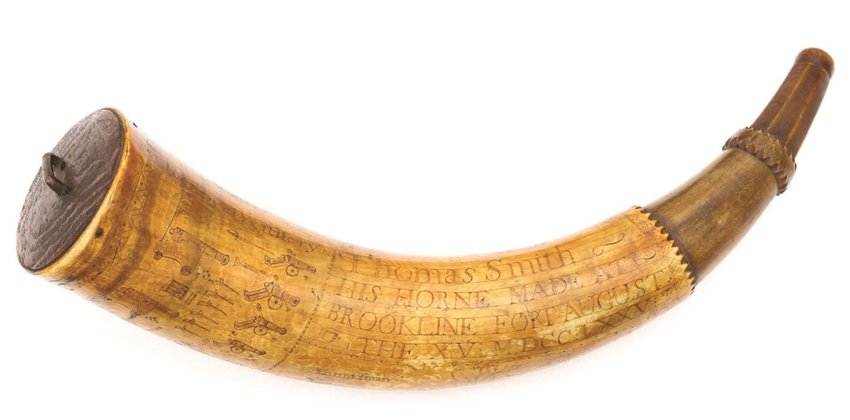 Rev War powder horn from 1775, carved near the base &ldquo;The Royal Artillery&rdquo; and owned by Siege of Boston minute man Thomas Smith ($44,280).