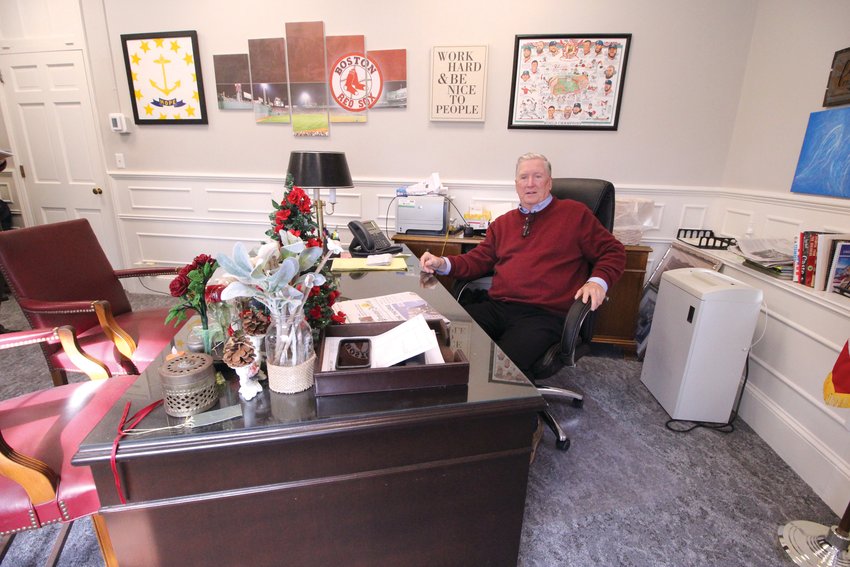 PEEK INTO THE MAYOR&rsquo;S OFFICE: Mayor Hopkins sits at his desk in his newly updated  office. (Cranston Herald photo