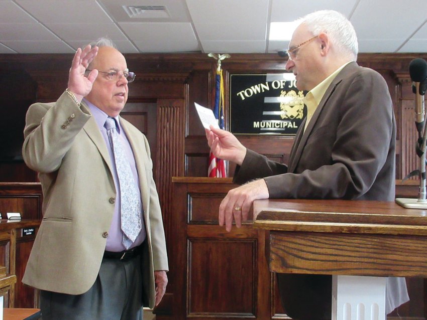 FORMER MEMBER: In May 2019, former Johnston Town Council member David Santilli took the oath of office for his School Committee seat from Mayor Joseph Polisena during a special ceremony inside the Municipal Courthouse on Atwood Avenue. Santilli resigned the seat effective Dec. 31, 2021.