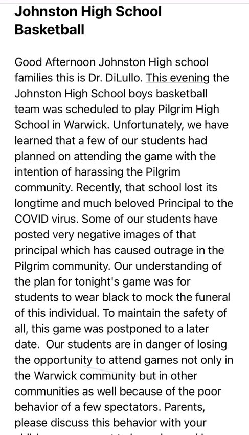 THE ANNOUNCEMENT: Once the interactions threatened potential violence at the scheduled event, Johnston Superintendent Dr. Bernard DiLullo sent out this email expressing his decision to postpone the game until further notice.