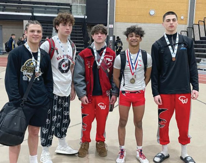 ALL-STATE: Pictured are Cranston West&rsquo;s wrestlers that made it to the podium. From left: Luke Montefusco, Preston  Marchesseault, Landon Giampietro, Cam Davis and Noah Polion.