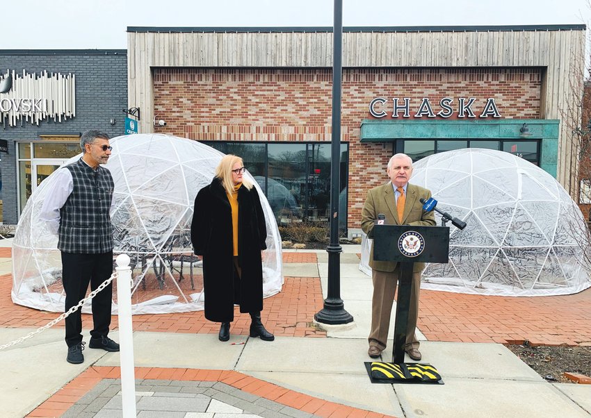 SEEKING ADDITIONAL FUNDING: Reed speaks at a press release in front of Garden City&rsquo;s Chaska to talk about his work to refill the restaurant  revitalization funds for Rhode Island.