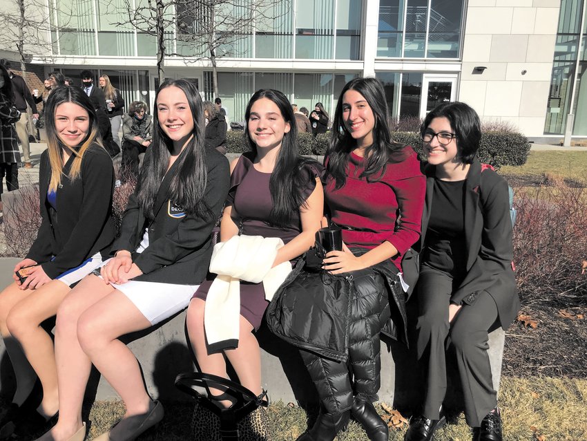 GOLD, SILVER AND BRONZE: 48 students earned medals in this year&rsquo;s DECA competition. (Left to right) Sofia Barbosa, Ava Boyle, Andie Whitcomb, Victoria Minicucci and Alexandra Cowart.