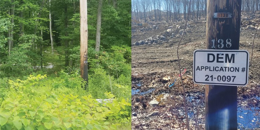 BEFORE: At left, over the summer, as the Amazon project morphed from Project Schooner into a robotic fulfillment center for the world&rsquo;s largest online retailer, the woodland off Hartford Avenue, near the intersection with Interstate-295, sat mostly undisturbed.     AFTER: At right, several months into construction, the site is practically unrecognizable. Note the same utility pole, to the right of both photos. The land has been carved and trees have been toppled. Only a small portion of the project can be seen from the road, though heavy equipment works away across the horizon and at least one crane towers above the remaining tree line.