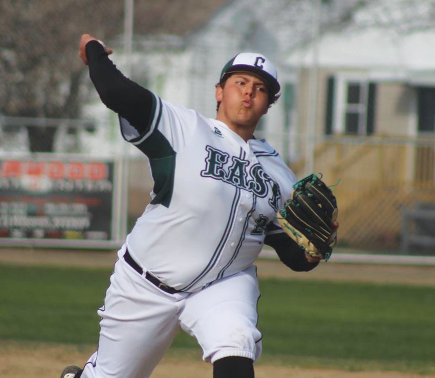 ON THE MOUND: Cranston East starting pitcher John DeVine delivers a pitch against Bishop Hendricken on Monday afternoon at Cranston Stadium. The Hawks edged the Bolts 4-2 for the win. (Photos by Alex Sponseller)