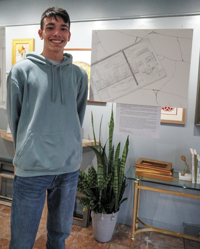WORST-CASE SCENARIO: West junior Giovanni Torres poses with his work entitled Worst-Case Scenario. Torres created the work as part of a fully remote assignment from his Advanced Art Honors class in the spring of 2021.