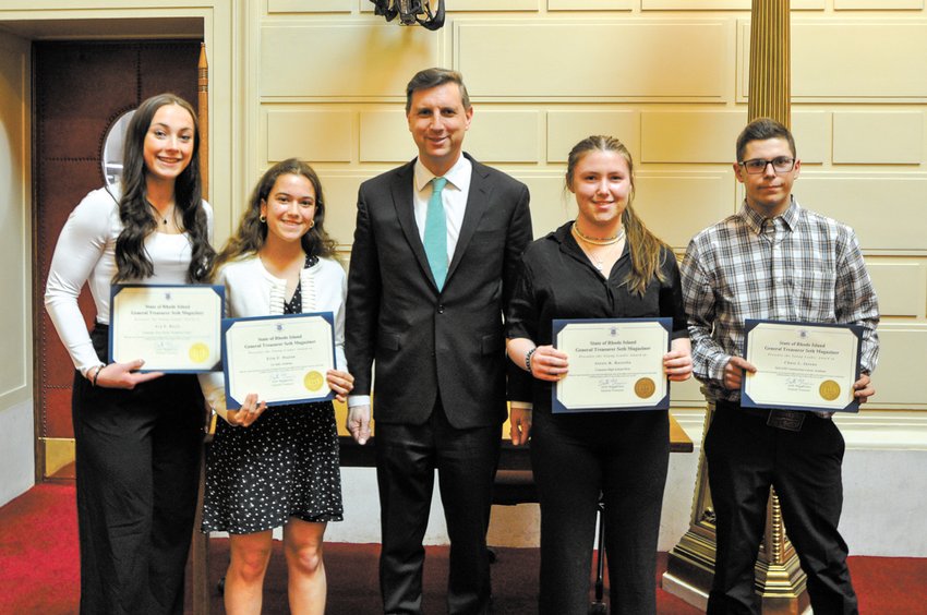 YOUNG LEADERS: General Treasurer Seth Magaziner recognized 66 RI youth for their leadership skills; five students were from Cranston. (From left) Ava Boyle, Erin Hajian, Seth Magaziner, Alexis Rastella and Chase Iacono.