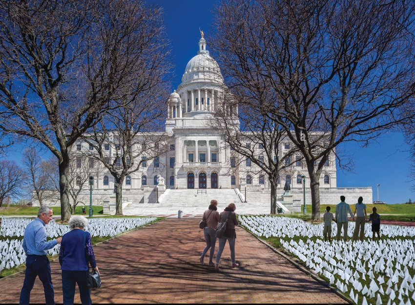 MEMORIAL VISION: The &ldquo;Rhode Island Remembers COVID-19 Memorial&rdquo; will be installed on the Rhode Island State House south lawn at the end of this month. This graphic representation shows what the memorial  will likely look like &mdash; with almost 4,000 flags (as of last Friday, 3,584 Rhode Islanders have died from COVID-19 infections) one for every COVID-19 death in Rhode Island.