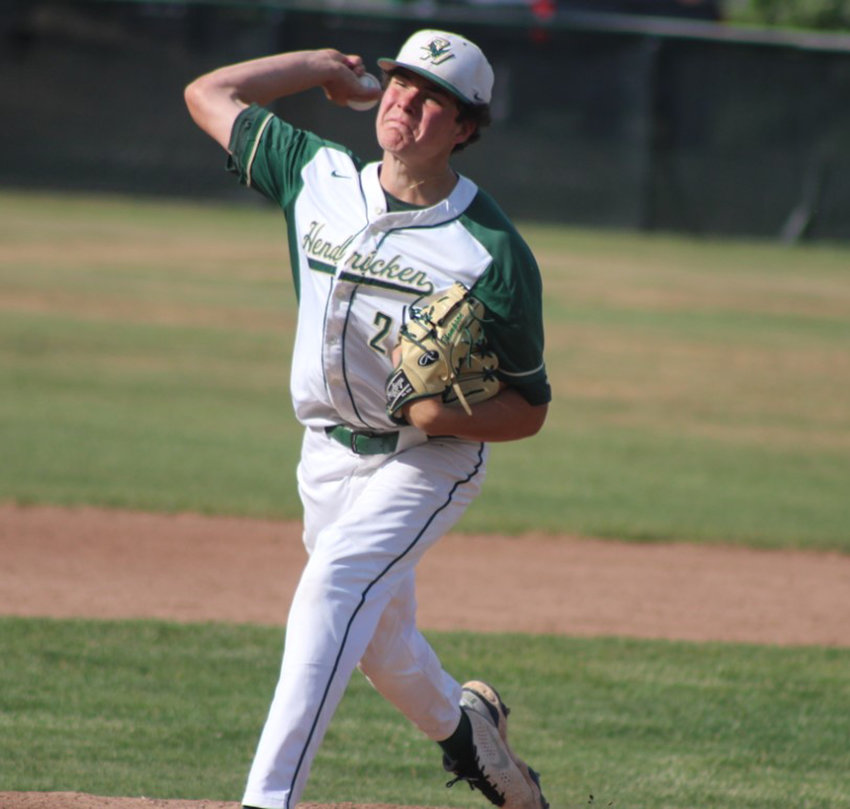 WINNING PITCHER: Bishop Hendricken starting pitcher Ryan Thompson delivers a pitch in the second inning of the Division I Semifinals against South Kingstown on Tuesday afternoon. The Hawks took Game 1 of the series with the 6-1 win, and Thompson earned the victory on the mound.