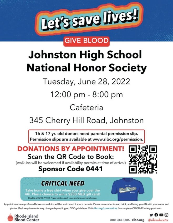 Johnston Senior High School is hosting its annual summer blood drive on June 28, from 12 p.m. to 8 p.m. The blood drive will take place in the school&rsquo;s cafeteria. Our region is currently in a blood emergency and the Rhode Island Blood Center (RIBC) is in need of people willing to donate.