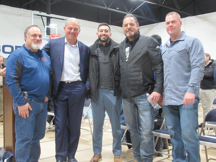 CLASSIC CONTRIBUTORS: Mayor-elect Joseph Polisena Jr. (center), whose idea it was to reinvent Rainone Gym, is joined by major donors Jay Baccala, Rico DiGregorio, Michael Sabitoni and Joseph Vinagro during Saturday&rsquo;s special re-dedication ceremony.