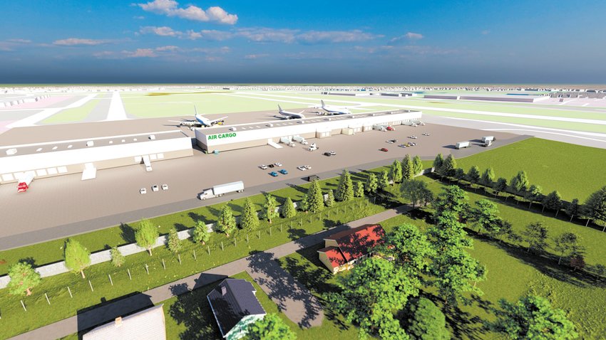 ON THE DRAWING BOARD: An architect&rsquo;s rendering of the proposed $100 million air cargo facility planned for south of the terminal. The facility with gates for six jets would replace facilities on Airport Road and be operational by September 2026.