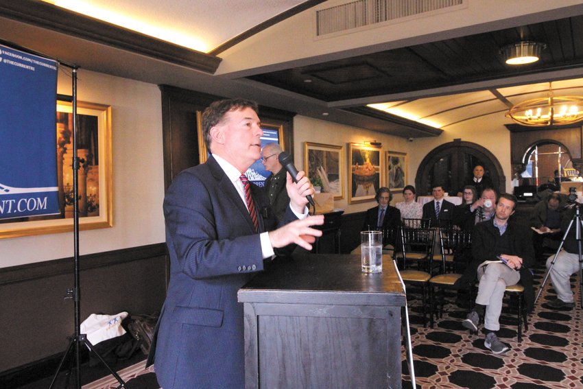 ON THE PRESIDENTIAL STUMP: Steve Laffey addresses a group at Chapel View Grille in March after having declared as a Republican candidate for president. (Cranston Herald photo)