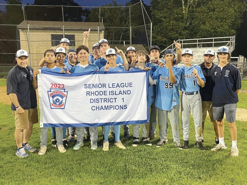TALENTED TROUPE: Members of the Johnston Little League Senior Division All-Star team celebrate their second straight District Championship after sweeping Elmwood in two straight games and gaining a berth in this week&rsquo;s state title series vs. Burrillville. (Submitted photo)