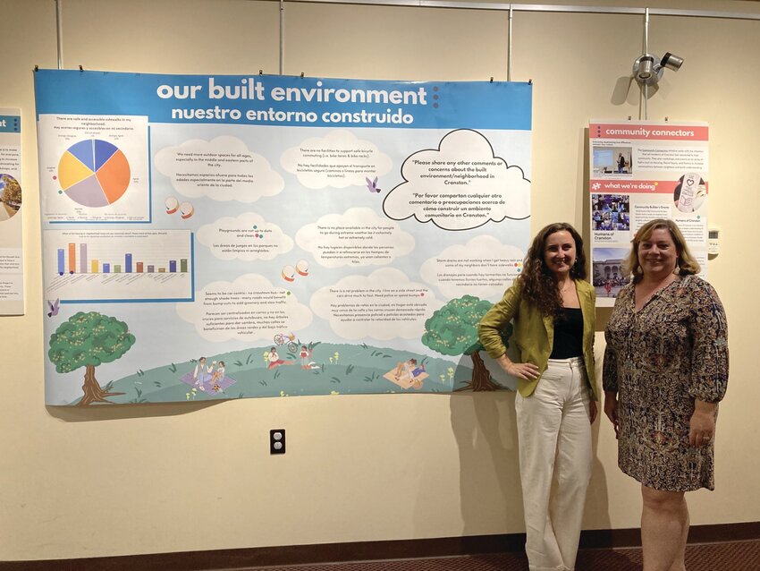 TEAMWORK MAKES THE DREAM WORK: The Director of OneCranston HEZ Sarah Cote stands beside Assistant Library Director Julie Holden in the community room of Cranston Library&rsquo;s Central Branch and shows off the data collected by the needs assessment. (Submitted photo)