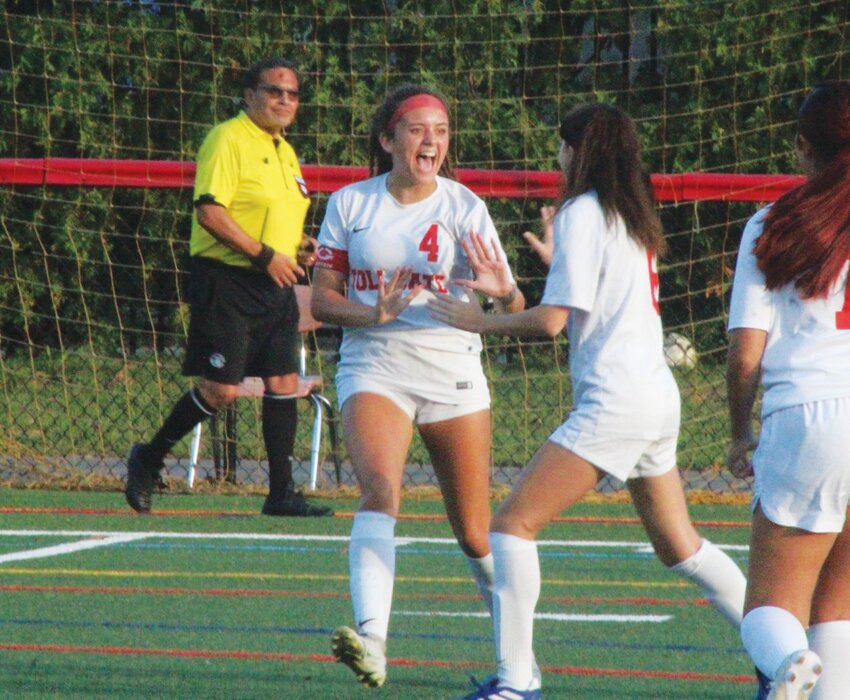 ROARING START: Toll Gate&rsquo;s Anna Pickering (4) celebrates after a goal on Tuesday. (Photo by Alex Sponseller)