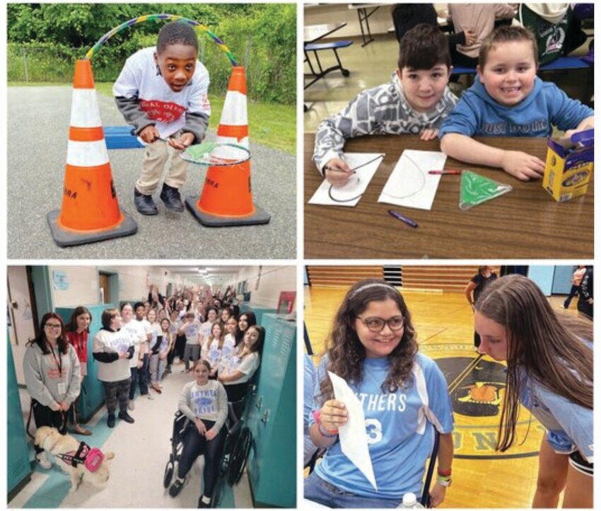 CHOOSE TO INCLUDE: Clockwise, from top left, Jonathan Jillah participates in Unified Field Day at Barnes Elementary School. Fifth- grader Michael D'Elia and first-grader Ayden Freeman created a heart puzzle piece project together to learn more about each other at Brown Elementary. The Special Olympics visited Ferri Middle School in March and the entire student body wore &ldquo;Choose to Include&rdquo; T-shirts to show their support. And at Johnston High, Unified Athlete Alexis Rivera and her teammate Ava Waterman, discuss the upcoming unified volleyball season schedule.