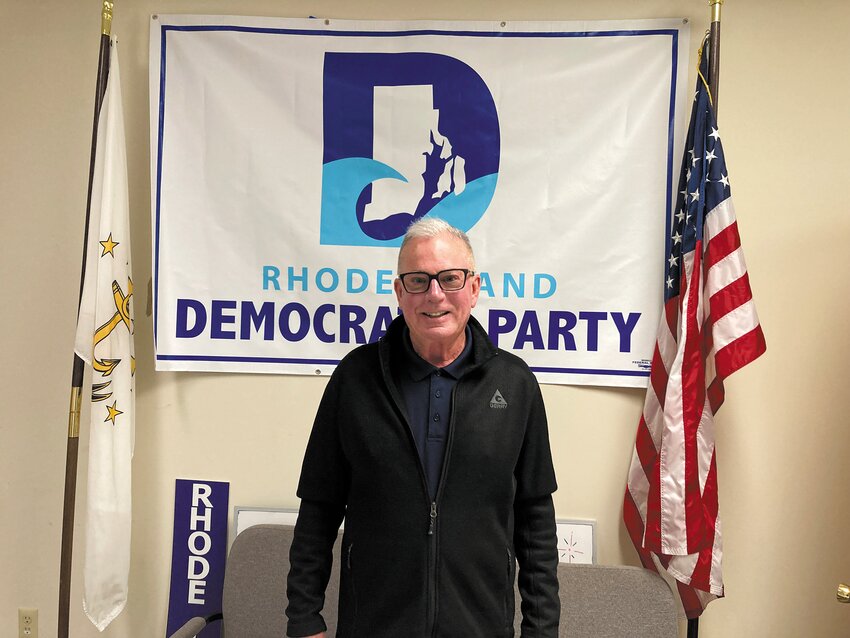 A PARTY MAN: McNamara stands in the Rhode Island Democratic Party&rsquo;s Warwick office, which still bore signs of celebration from Gabe Amo&rsquo;s victory earlier that week.