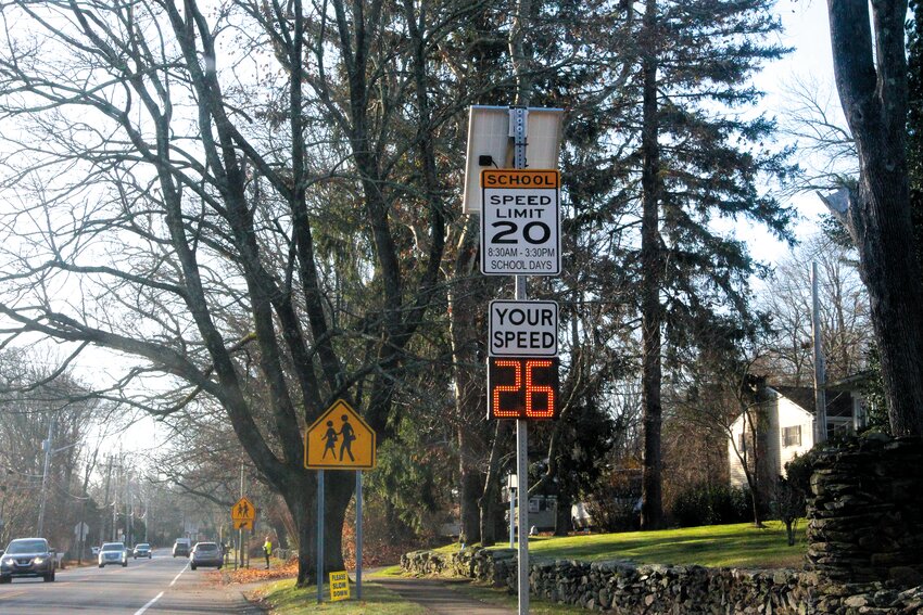 GOING A BIT OVER: Solar-powered speed limit signs, such as this one near Warwick Neck Elementary School, have been a popular item for council members to spend their ARPA money on. (Warwick Beacon photos)