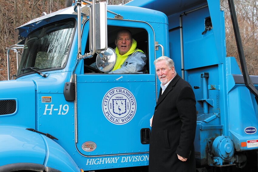 READY FOR SNOW: Cranston Mayor Kenneth Hopkins with a local plow driver.
