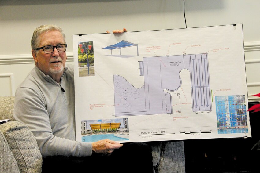THE FINAL PLAN: Mayor Hopkins shows off the final design for Budlong pool, on which construction will begin this year. (Photo by John Howell)