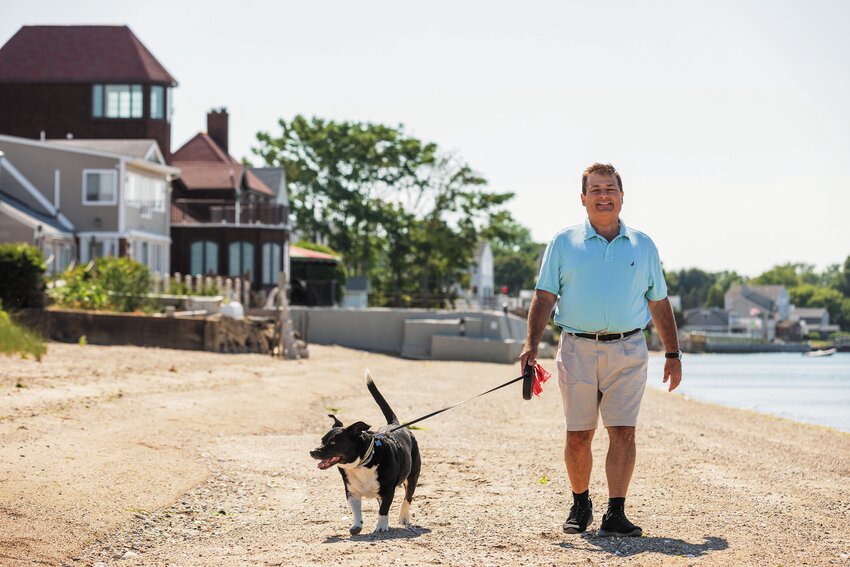 BEACHING IT: Speaker of the House J. Joseph Shekarchi as pictured walking Merlin on Conimicut Beach. Joe made his bid for reelection to House Dist. 23 official this morning. (Submitted photo)