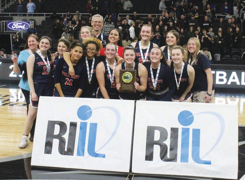 CHAMPIONSHIP CAST: The Toll Gate girls basketball team after winning the Division III title on Monday in Providence. (Photos by Alex Sponseller)