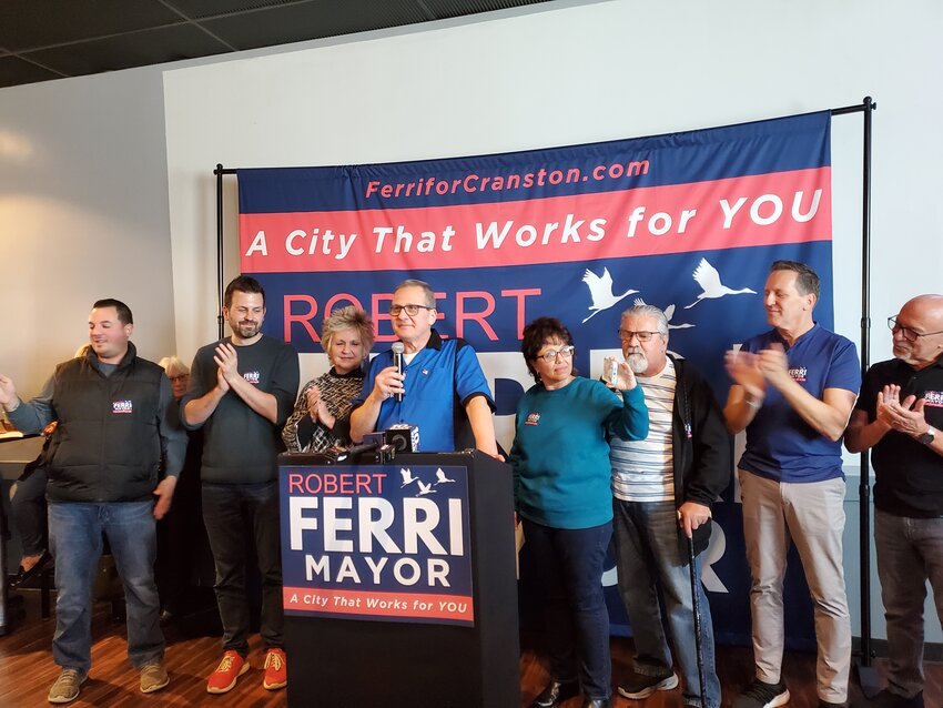 STRIKE: Ferri, alongside his whole family, officially announced his candidacy for mayor at Lang&rsquo;s Bowlarama on Sunday to a crowd of supporters, Rhode Island politicians, and Olympic bowlers. (Photo by Kevin Fitzpatrick)