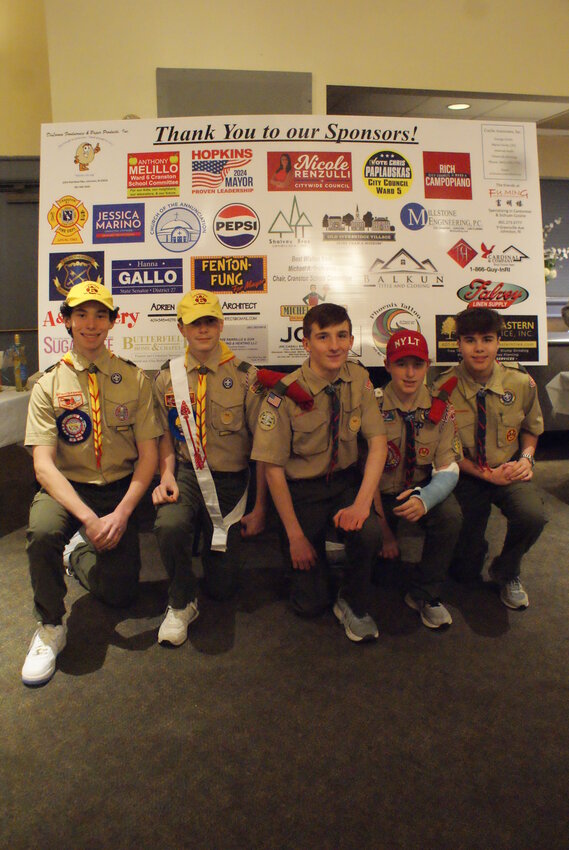OFF TO D.C.: From left to right, Aidan Paplauskas (Eagle Scout), Cohen Brinker (Life Scout), Daniel Judge (Star Scout), Jack Kaito (Life Scout), and Ari Gabriel (Star Scout) drummed up support for their troop&rsquo;s big trip. (Photo by Steve Popiel)