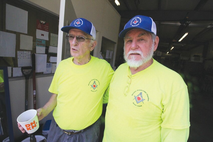 HIS DREAM: Bob Allen, left, conceived of the center run by the Grand Lodge of Rhode Island  that would accept donations of medical equipment and give them  out at no cost. The center opened in 2002 and has been operating ever since at the Masonic Youth  Center on Long St., Warwick. George Donahue, at right, now runs the center. (Warwick Beacon file photo)