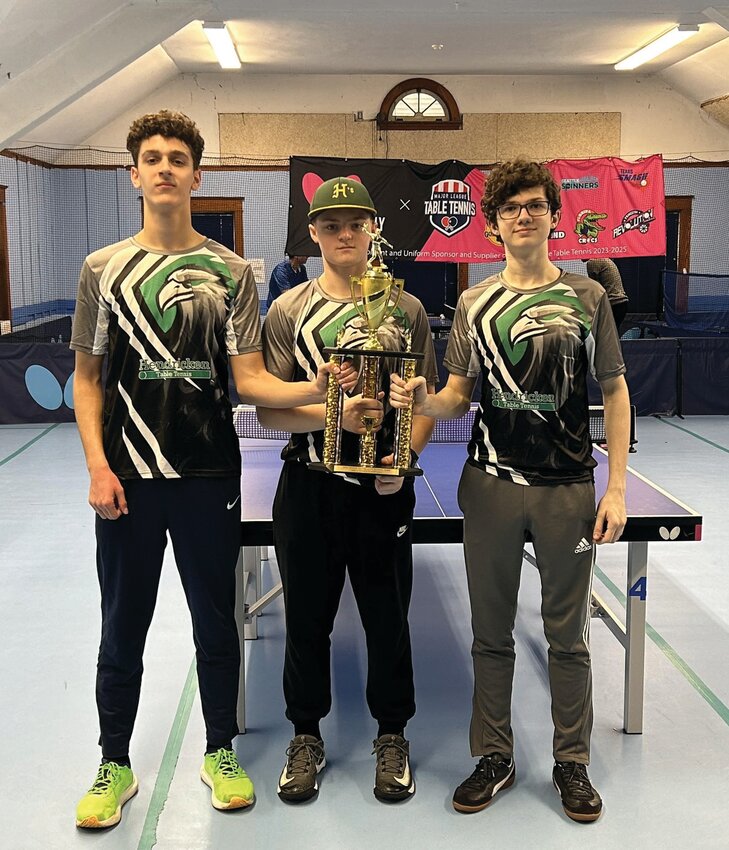 STATE CHAMPS: Bishop Hendricken&rsquo;s Christian Pachis, Braiden Sawyer,  and Alex Hopkins after winning the state table tennis championship. (Submitted photo)