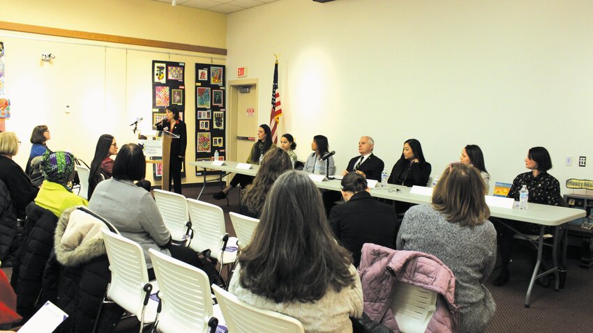 WOMEN-CENTRIC: Six experienced mentors sit in conversation with Senator Reed for a panel at Cranston Central Library. (Photo by Raymond Baccari)