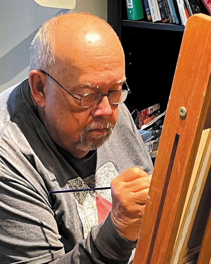 HIS WORK AND AT WORK: Bob Lavoie, whose works will be on display at the Providence Art Club April 21 through May 9, seen at work in his studio. (Submitted photos)