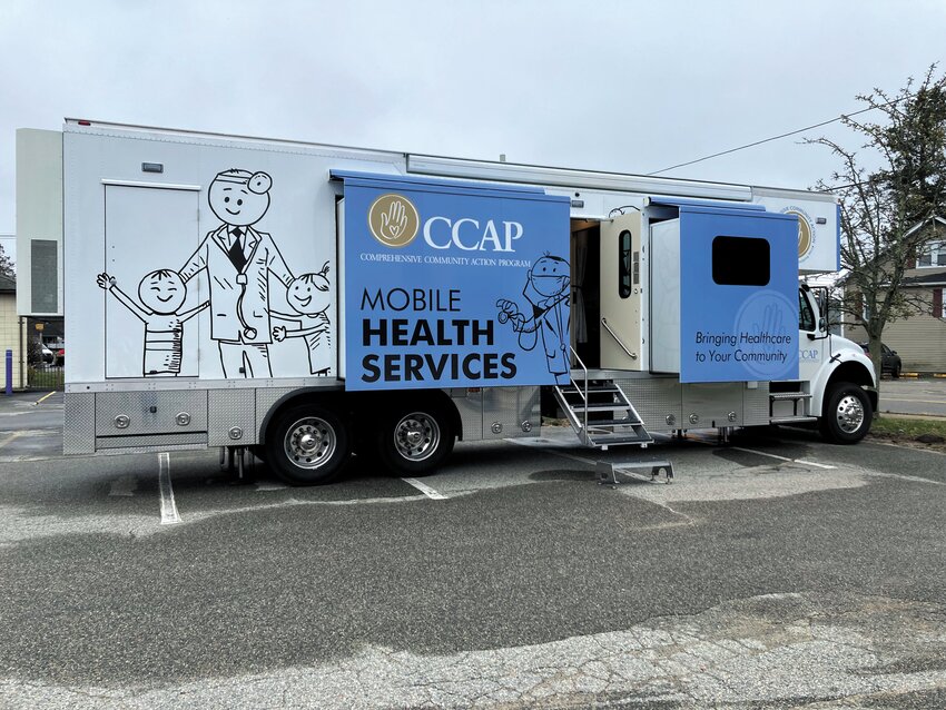 AN UNUSUAL DOCTOR’S OFFICE: CCAP’s new medical van sits in the Pilgrim Senior Center parking lot this past Thursday for visitors and passersby to check out.