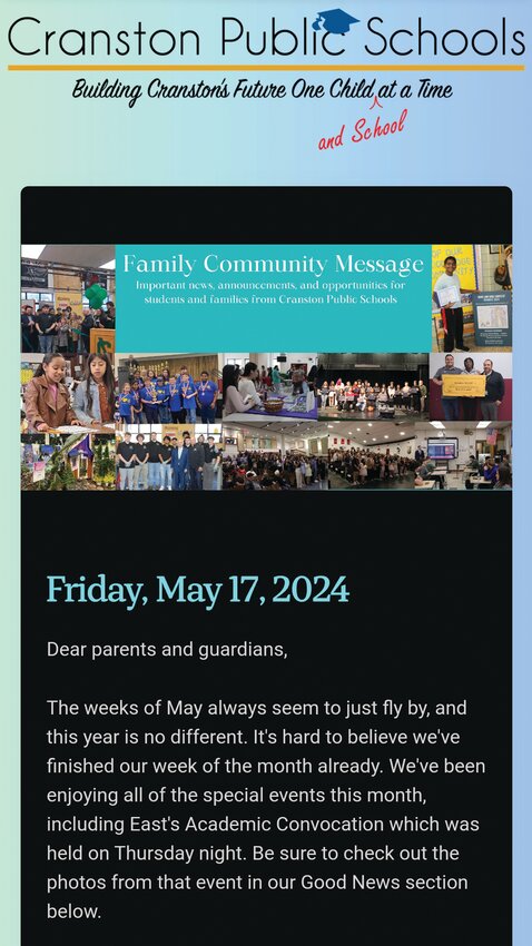 Cranston Public Schools Leadership Team distributed this Family Community Message to parents and taxpayers. It blames potential impending layoffs and program cuts on being &ldquo;once again level-funded in this year&rsquo;s city budget.&rdquo;
