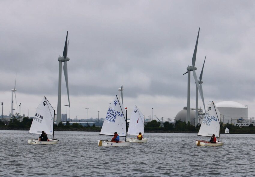 SAIL THE EDGEWOOD BASIN: The racing for the green fleet sailors took place north of the yacht club, near Save the Bay and the windmills at Fields Point. (Warwick Beacon photos by Greta Shuster)