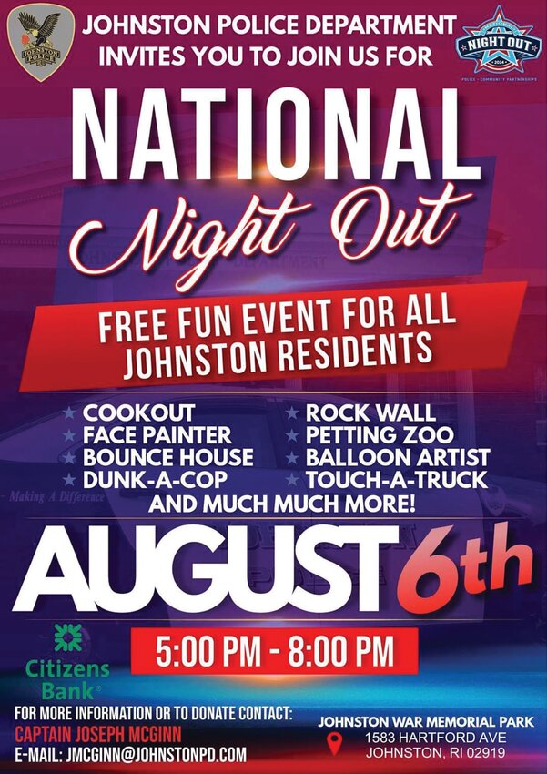 FUN FREE EVENT IN JOHNSTON: Promotional poster for Johnston&rsquo;s National Night Out celebration at the War Memorial Park.