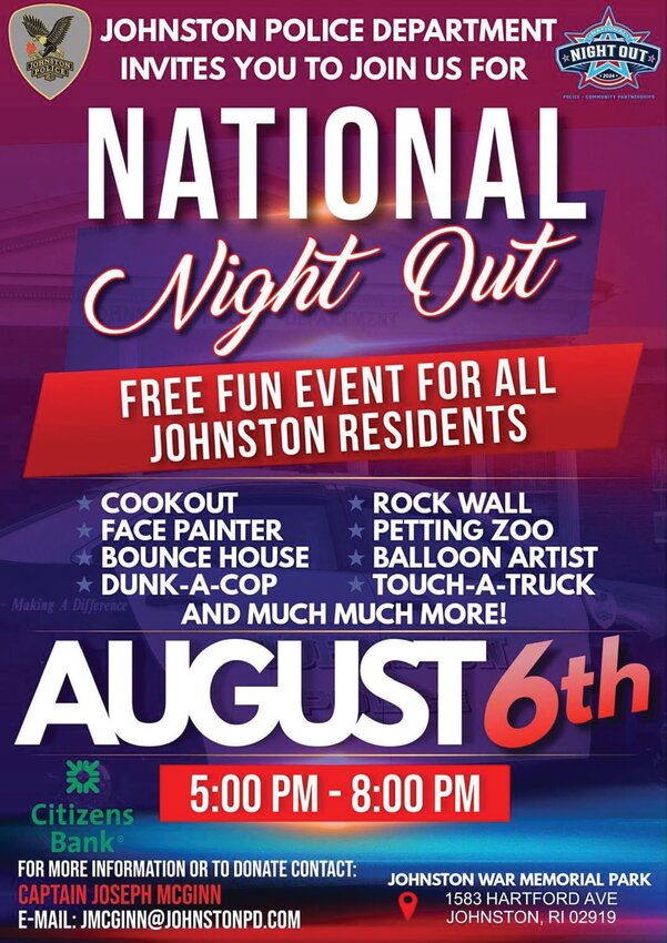 FUN FREE EVENT IN JOHNSTON: Promotional poster for Johnston’s National Night Out celebration at the War Memorial Park.